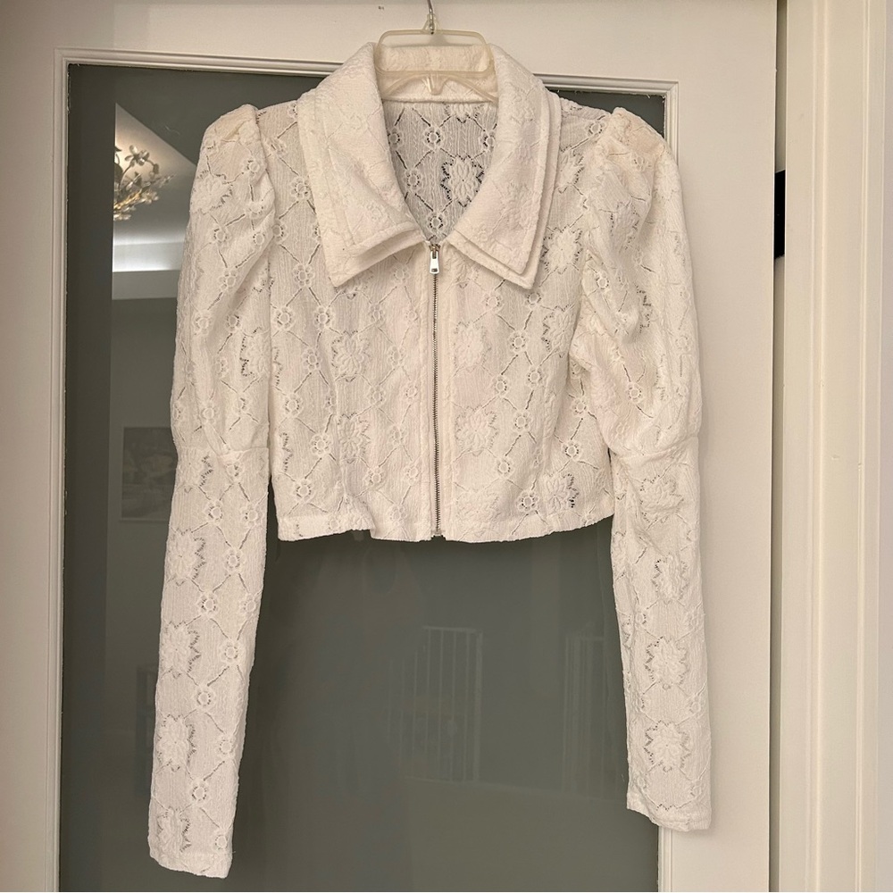 White Lace Cropped Zip Jacket - Women